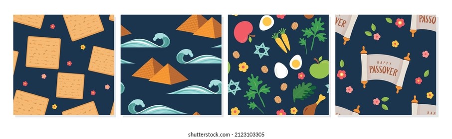 Passover seamless pattern set. Jewish holiday . Pesach patterns for templates, invitations and design with matzah, pyramids and spring flowers . vector illustration