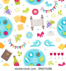 Passover seamless pattern with Torah, wine bottle, grapes, glasses, yarmulke, matzo, flowers, seder plate, pyramid, water waves and jewish star on white background. Perfect for Passover greeting cards