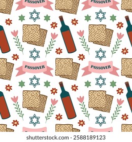 Passover seamless pattern. Wine, matzo, star of David and festive ribbon. Vector illustration for wrapping paper, greeting card, fabric, background