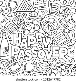 Passover seamless pattern(Jewish holiday Pesach). Hebrew text: happy Passover. Black and white vector illustration doodle style. Isolated on white background. Coloring book page