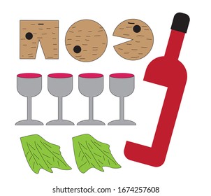 Passover seder - a drawing of 2 round matzahs and one square matzah.
Below are 4 glasses of silver wine glasses.
And a full bottle of red wine and 2 bunches of lettuce leaves.