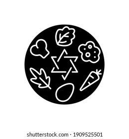 Passover Seder plate black glyph icon. Food platter. Symbolic foods. Six ritual items. Shankbone, karpas, chazeret, charoset, maror, egg. Silhouette symbol on white space. Vector isolated illustration