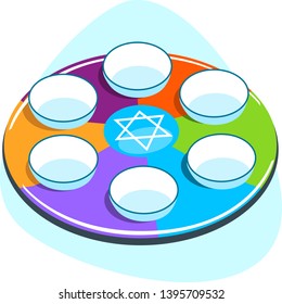 Passover Seder plate decorated with Hebrew Magen David or Star of David. Colored empty spots for Maror, Charoset, Karpas, Zeroah, Beitzah. Isolated icon. Blue background