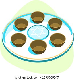 Passover Seder plate decorated with Hebrew Magen David or Star of David. Empty plate with spots for Maror, Charoset, Karpas, Zeroah, Beitzah. Isolated icon. Blue background