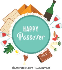 Passover seder plate with flat traditional icons over night background. greeting card design template. vector illustration