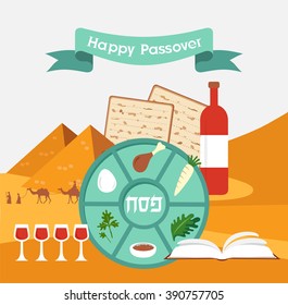 Passover seder plate with flat traditional icons over a desert background