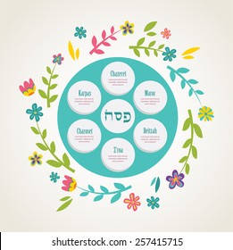 Passover seder plate with floral decoration  (Passover in Hebrew in the middle). vector illustration