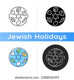 Passover Seder plate icon. Food platter. Symbolic foods. Six ritual items. Shankbone, karpas, chazeret, charoset, maror, egg. Linear black and RGB color styles. Isolated vector illustrations