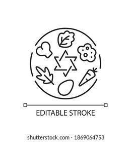 Linearsymbol der Pessach-Seder-Platte. Lebensmittelplatte. Symbolische Lebensmittel. Sechs rituelle Gegenstände. Dünne, anpassbare Illustration. Contour-Symbol. Vektor-einzelne Rahmenzeichnung. Bearbeitbarer Hub