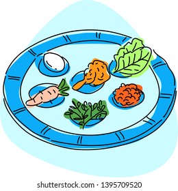 Passover Seder plate with with shank bone, haroset, lettuce, parsley, the egg, bitter herbs. Cartoon style isolated icon. Blue background