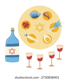 Placa de seder de la Pascua, sistema del vino. Ilustración vectorial de salsa de frutas, huevo, ensalada y cebolla, carne con copas de vino. Ilustración vectorial aislada.