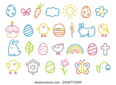 Passover set. Easter sketch set. Cute kid colored scribble doodle icons. Rabbit, Easter egg, chicken, Easter cake, butterfly, flower, rainbow children drawing style. Hand drawn childish funny vector