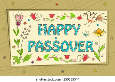 Passover Sign - Floral banner with happy Passover text in the center and a decorative background. Eps10