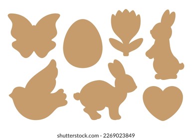 Passover spring symbols. Easter bunny, flower, egg, bird, butterfly silhouette shapes. Spring design template with cute rabbits for die cutting craft, Easter cookie cutter shapes, gift tag, etc.