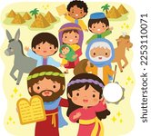 The Passover story of the escape from Egypt. Cartoon Israelites leaving Egypt with Moses holding the stone tablet and Miriam playing the tambourine. One Israelite is holding a Matzah.