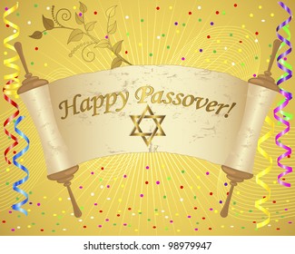 Passover. Torah scroll and Star of David on a holiday background with vertical ribbons and confetti. Vector illustration.