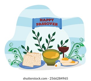 Passover with traditional matzo, eggs, soup, and wine, set against a decorative backdrop with greenery. Features the Happy Passover banner for a festive atmosphere. Flat vector modern illustration 