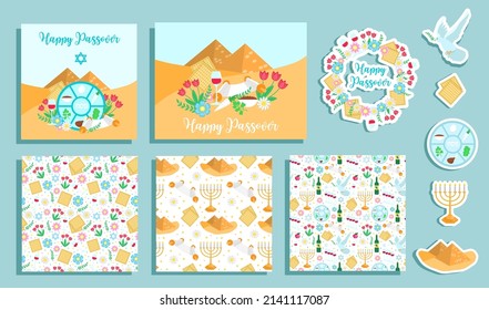 Passover vector design set, postcards, seamless patterns and stickers.