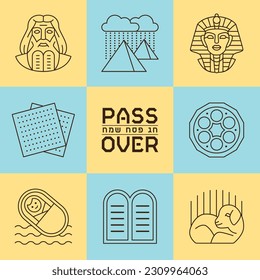 Passover vector icon set. Exodus from Egypt story, design elements for Jewish holiday Pesach. Happy Passover text in Hebrew