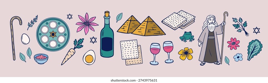 Passover Vector Illustration Set. Moses, Exodus Symbols, Matzah, Wine, Seder Plate Elements and Jewish Holiday Icon Collection