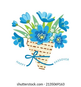 Passover vector illustration with spring flower bouquet and matzah piece. Happy Passover Jewish holiday design