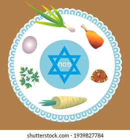  Passover.A dish of traditional treats. Seder plate of food. Jewish holiday of Passover.Judaica Pesah traditional meal plate.