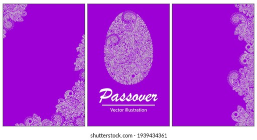 Passover.A set of three vector illustrations for decorating Easter cards, invitations, stickers, flyers, stickers. Lacy Easter egg, lace frame and lace border.