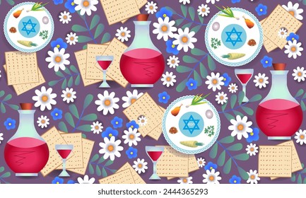 Passover.Pesach. Seamless pattern. Wine, a dish with traditional treats, Jewish matzah, flowers. 
