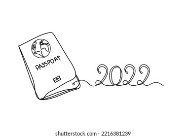 Passport with 2022 as line drawing on white background. Vector