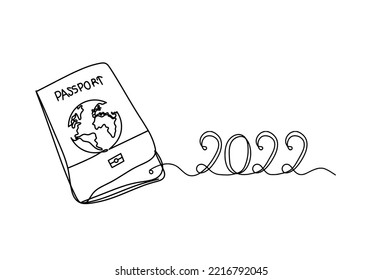 Passport with 2022 as line drawing on white background. Vector