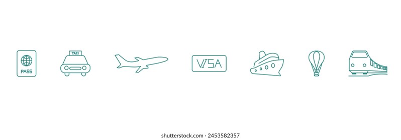 Passport to Adventure: Passport, Taxi, Airplane, Visa, Cruise Ship, Air Balloon, Train Vector Icons