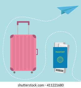 Passport, air boarding pass ticket with barcode. Suitcase icon. Travel baggage.  Luggage handbag. Summer vacation planning consept. Travelling tourism. Passenger case. Flat Isolated. White Vector 