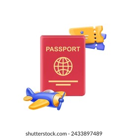 Passport, air ticket and airplane.. Travel transport concept. Tourism illustration 3d cartoon Vector isolated