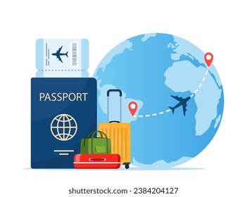 Passport with air ticket, baggage and planet earth. Time to travel concept. Traveling by plane. International flight. Vector illustration for poster, banner