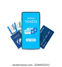 Passport air ticket and credit card smartphone in front. Book plane tickets by phone. Special privileges buy pay transfer money locally abroad. Travel transport concept. 3D Vector EPS10.