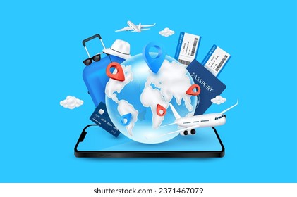 Passport air ticket, credit card and luggage bag with world map on smartphone. Globe in front airplane is taking off. For media tourism ads design. Travel transport concept. 3D Vector EPS10.