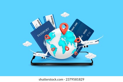 Passport air ticket and credit card with world map on smartphone. Globe and red location pin in front airplane is taking off. For media tourism ads design. Travel transport concept. 3D Vector EPS10.