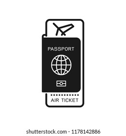 Passport with air ticket. Flat simple design. Line Vector. Isolate on white background.