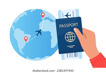 Passport with air ticket in human hand, planet earth with flight route and pins marker. Time to travel concept. Traveling by plane. International flight. Vector illustration for poster, banner