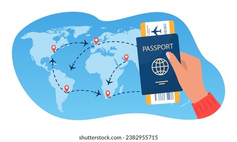 Passport with air ticket in human hand, world travel map with airplanes, flight routes and pins marker. Time to travel concept. International flight. Vector illustration for poster, banner