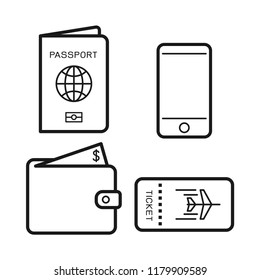 Passport with air ticket, wallet and smartphone icons, important items to carry on the trip. Flat simple design. Line Vector. Isolate on white background.