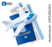 Passport with air tickets, cute 3d realistic plane flies around. Concept of travel, vacation or business trip. Vector illustration