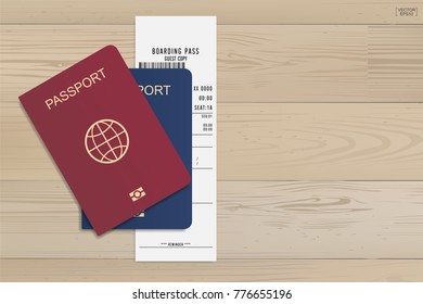 Passport and airline boarding pass ticket on wood background. Vector illustration.