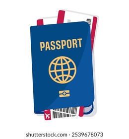 Passaporte e passagens aéreas. Vetor plano