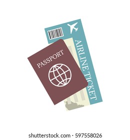 Passport and airline ticket vector icon. Concept travel and tourism