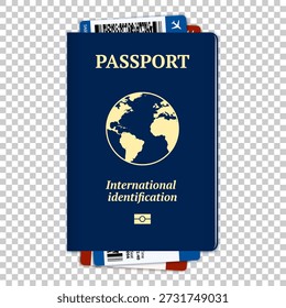 Reisepass mit Flugtickets im Inneren. Vektorgrafik. Blauer Pass mit einem Globus auf dem Cover und zwei Tickets im Inneren. Konzept der Reise- und Reisevorbereitung.