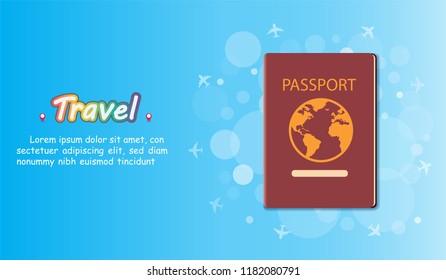 Passport and Airplane aerial with check in point travel around the world concept Template world map on blue bokeh Background Design, Card for greeting Poster, banner, paper art,