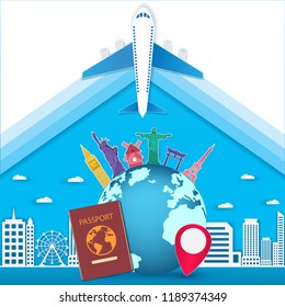 Passport and Airplane aerial with check in point travel around the world concept Top world famous landmark. Template world map on blue Background Design, Card for greeting Poster, banner, paper art,
