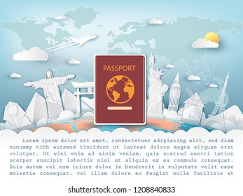 Passport and Airplane aerial with check in point travel around the world concept Top world famous landmark. Template world map on blue Background Design, Card for greeting Poster, banner, paper art,