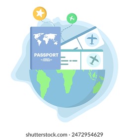 Passport and airplane ticket concept, Boarding pass ticket icon. travel concept. Summer travel banner, passport and boarding pass in the background. online ordering. Flat vector illustration.